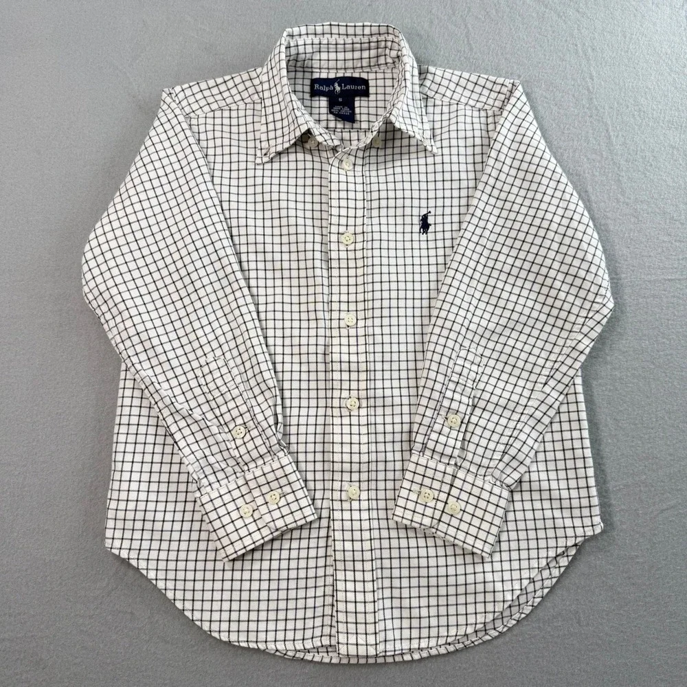 Ralph Lauren Button Down Shirt Boys 5 White Navy Check Long Sleeve